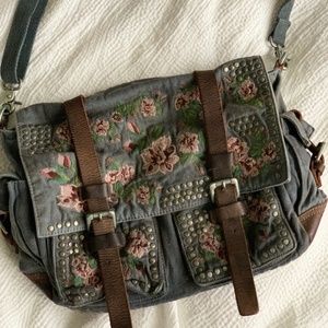 free People Canvas & Leather Rose Embroidered Messenger Bag